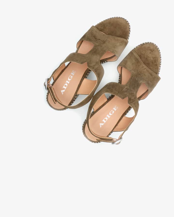 Sandale Semi-Compensée Cuir Velours Kaki